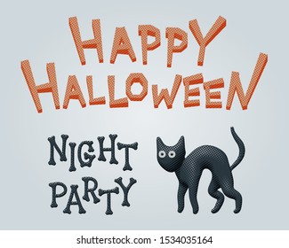 Halloween comic pop art vector illustration of black scary kitty for happy night party. Cute orange pumpkin with funny dark cat. Greeting flyer with halftone character for october holiday graphic.