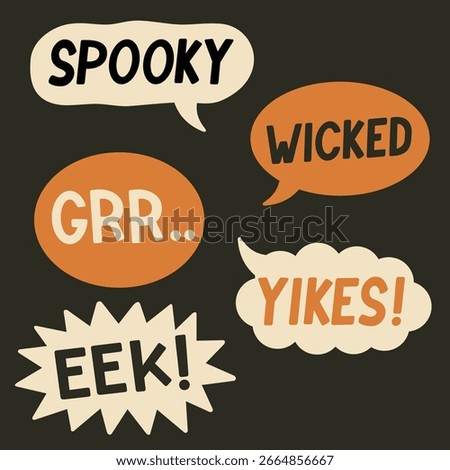Halloween comic speech bubbles with words Spooky, Wicked, Grr, Eek, and Yikes in retro style, perfect for holiday designs, party invitations, decorations, and seasonal graphic projects