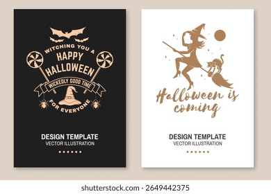 Halloween is coming flyer, poster, banner design. Vector. For holiday Halloween design, shirt, logo, badges, cards, with wizard hat, spiders, bats, candys, flying witch on a broomstick and cat