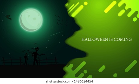 Halloween is coming, modern green greeting postcard with beautiful night landscape and witch's cauldron