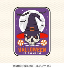 Halloween arrive avec la conception de patch. Illustration vectorielle. Pour les vacances conception d'autocollants Halloween, chemise, logo, badge, décorations, cartes, bannière avec le crâne et la silhouette des bonbons.
