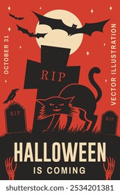 Halloween is coming poster concept. Halloween retro invitation template with cat on cemetery. Vector illustration