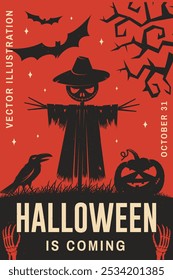 O Halloween está chegando ao conceito de pôster. Modelo de convite retro Halloween com espantalho, corvo e abóbora. Ilustração vetorial