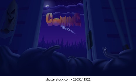 Halloween is coming up. Pumpkins lie among the junk in anticipation of the holiday. A view through the open door of the garden shed on the night sky with the inscription.