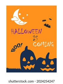 Halloween viene con el concepto de vectores. Calabazas cortas sobre un fondo naranja aislado. Afiche, fondo, portada, pancarta concepto de ilustración vectorial plana.