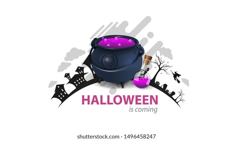 Halloween is coming, white greeting card with witch's cauldron with potion. The logo with the silhouette of the earth with Halloween night