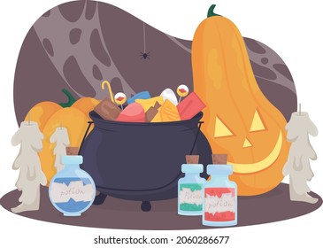 Halloween composition 2D vector isolated illustration. Magical items. Jack o lantern. Festive autumnal holiday decor flat concept on cartoon background. Holiday decoration colourful scene