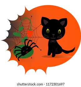 Halloween composition: black cat, spider, web and strawberry at the orange background