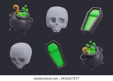 Halloween composition with boiling potion, human skull, and coffin with green mattress in different positions. Vector illustration in 3d style with black background