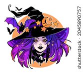 halloween composition of cartoon witch in hat, bats and moon