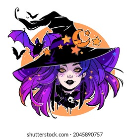 halloween composition of cartoon witch in hat, bats and moon