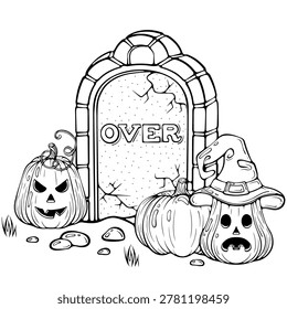 Halloween composition with cracked gravestone and Jack o lantern pumpkins. For scary decor, coloring book. Vector illustration in hand drawn doodle sketch style. Line art isolated on white for print