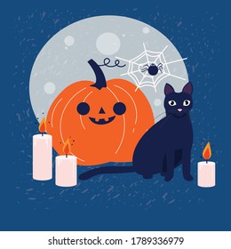 Halloween composition with cute black cat sitting beside full moon and Jack-o-lantern pumpkin. Cartoon colorful vector illustration.