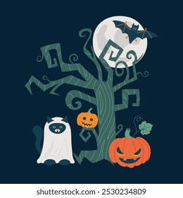 Halloween composition, full moon, scary pumpkins, cute cat ghost. Bats fly over a mystical tree against the background of the night sky. Isolated vector illustration