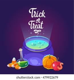 Halloween composition. Funny pot with potion and scary objects. Vector set with candy, apple with worm, pumpkin in cartoon style. Trick or treat.
