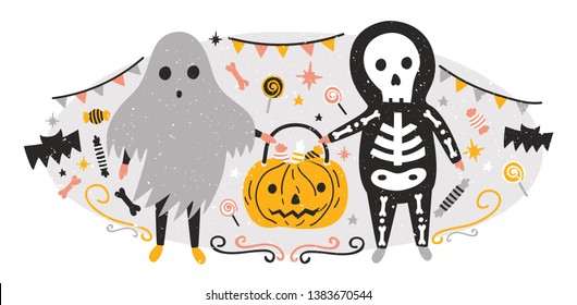 Halloween composition with funny spooky ghost and skeleton holding Jack-o'-lantern full of candies. Scene with creepy fairytale characters. Trick or treat. Holiday flat cartoon vector illustration.