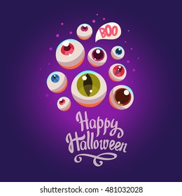 Halloween composition. Funny vector illustration with multicolor eyes potion for holiday in cartoon style.