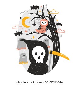 Halloween composition with Grim Reaper holding scythe and owl sitting on tree branch against graves on cemetery and starry night sky on background. Flat cartoon colorful festive vector illustration.