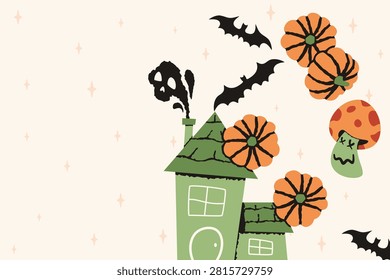 Halloween composition with haunted house, flying bats, pumpkins and zombie mushroom, flat vector illustration, isolated background.