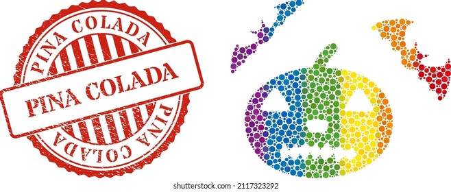 Halloween composition icon of round items in variable sizes and spectrum colored shades. Red rounded textured seal stamp with Pina Colada title. A dotted LGBT- colored halloween for lesbians, gays,