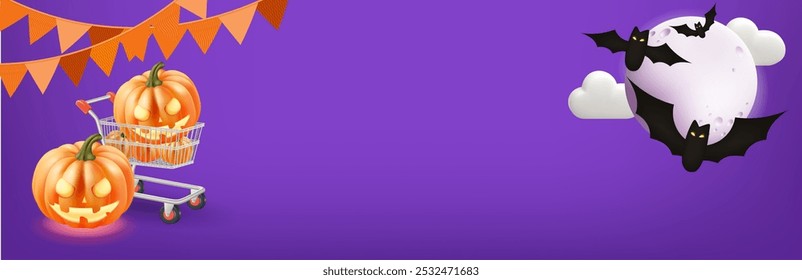 Halloween composition made of shopping and halloween decorations on purple background, sale. Minimal holiday concept.