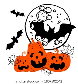 Halloween composition - orange smiling pumpkin full moon autumn leaves black bats silhouette. Hand drawn doodle card poster banner decoration. Stock vector illustration isolated on white background.
