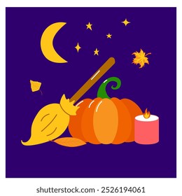 Halloween composition with pumpkin, candle, leaves and broom. Autumn design for invitation cards, trick or treat decor, greetings