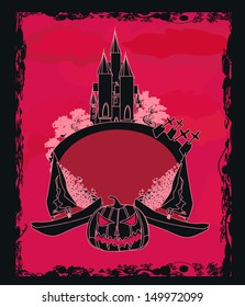Halloween composition with pumpkin and creepy castle - invitation card 