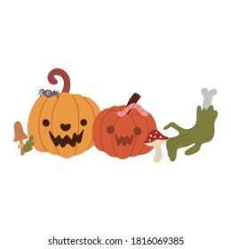 Halloween composition of pumpkin, mushrooms, spider, worm, severed hand. For postcards, banners, invitations. Vector hand drawn illustration.