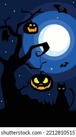 Halloween composition with pumpkins, cat and bats. Vector illustration