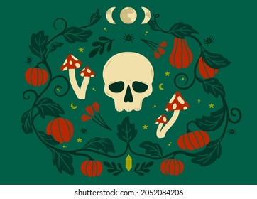Halloween composition of skull with stalks and pumpkins, with fly agarics and flowers. Skull and pumpkin on green background. Vector illustration for merch and card.