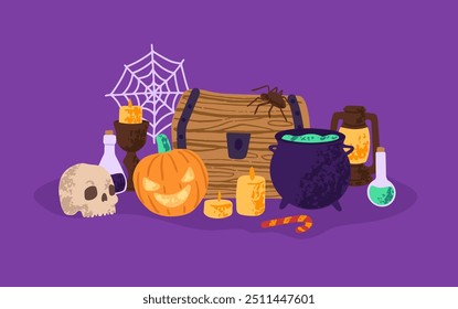 Halloween composition. Spooky old witch cauldron for witchcraft, alchemy. Scary Helloween decorations on still life: creepy pumpkins, skull, poison. Flat isolated hand drawn vector illustration