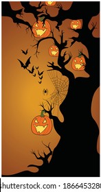 Halloween composition of a tree covered with jack-o-lanterns, spiders, web on it and bats flying by. Vector