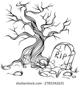 Halloween composition with twisted dry tree and leaning cracked gravestone. For scary decor, coloring book design. Vector illustration in hand drawn doodle sketch style. Line art isolated on white