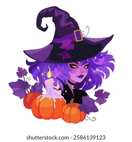 Halloween composition of a witch girl in a pointed hat and pumpkins