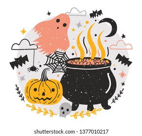 Halloween composition with witch pot full of potion, Jack-o'-lantern pumpkin, ghost against night sky, spiders and flying bats on background. Holiday vector illustration in flat cartoon style.