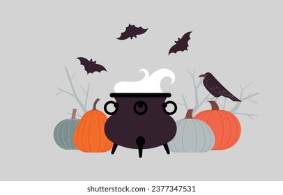 Halloween composition - witches cauldron, pumpkins, crows, bats. Halloween party background illustration. Minimalist vector illustration, pale colors, autumn mood. For poster, ad, card.