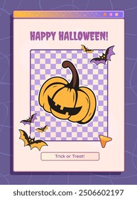 Halloween computer screen with pumpkin and text greeting. Decorative poster and celebration card. Vector illustration.