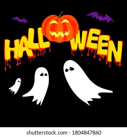 Concepto de Halloween. Texto de tipografía, diseño de fantasmas y calabazas.