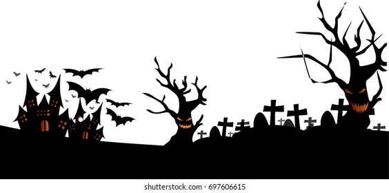 Halloween concept. background of castles spooky old trees and graveyard. black and white.