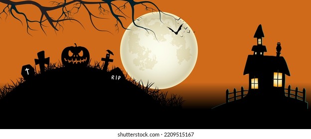 Halloween concept background or party invitation background with a moon night and castle. Vector illustration.