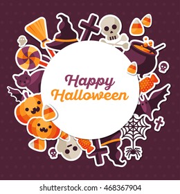 Halloween Concept Banner with Circle Frame and Stickers on Dark Violet Backdrop. Vector Flat Illustration. Place for your Text. Trick or Treat.
