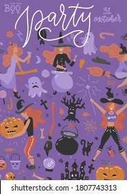 El concepto de pancarta de Halloween con icono plano sobre fondo violeta. Dibujo manual del vector Ilustración con letras. Plantilla vertical de afiches a4