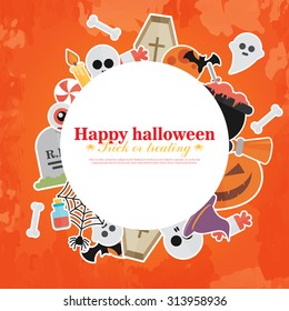 Halloween Concept Banner With Flat Icon Set on Orange Textured Backdrop. Vector Flat Illustration. Halloween Signs and Symbols.