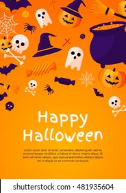 Halloween Concept Banner With Flat Icon Set on Orange Textured Backdrop. Vector Flat Illustration. Halloween Signs and Symbols. Trick or Treat.