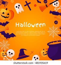 Halloween Concept Banner With Flat Icon Set on Orange Textured Backdrop. Vector Flat Illustration. Halloween Signs and Symbols. Trick or Treat.