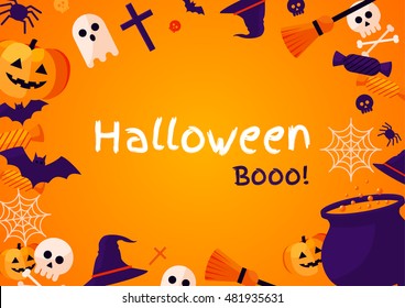 Halloween Concept Banner With Flat Icon Set on Orange Textured Backdrop. Vector Flat Illustration. Halloween Signs and Symbols. Trick or Treat.