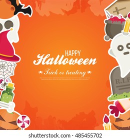 Halloween Concept Banner With Flat Icon Set on Orange Textured Backdrop. Vector Flat Illustration. Halloween Signs and Symbols.