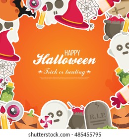 Halloween Concept Banner With Flat Icon Set on Orange Textured Backdrop. Vector Flat Illustration. Halloween Signs and Symbols.