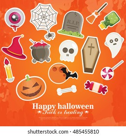 Halloween Concept Banner With Flat Icon Set on Orange Textured Backdrop. Vector Flat Illustration. Halloween Signs and Symbols.